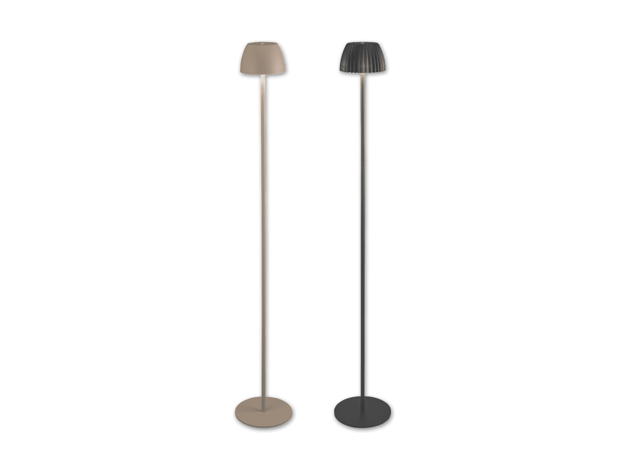Zwei Stehlampen mit runden Sockeln und Lampenschirmen, eine hellbeige, die andere dunkelgrau.