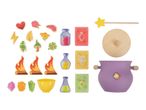A magical potion play set with a purple cauldron, wooden lid, wand, and various spell ingredients.
