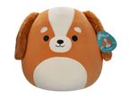 Brown and white dog plush toy with a tag that says 'Ysabel'