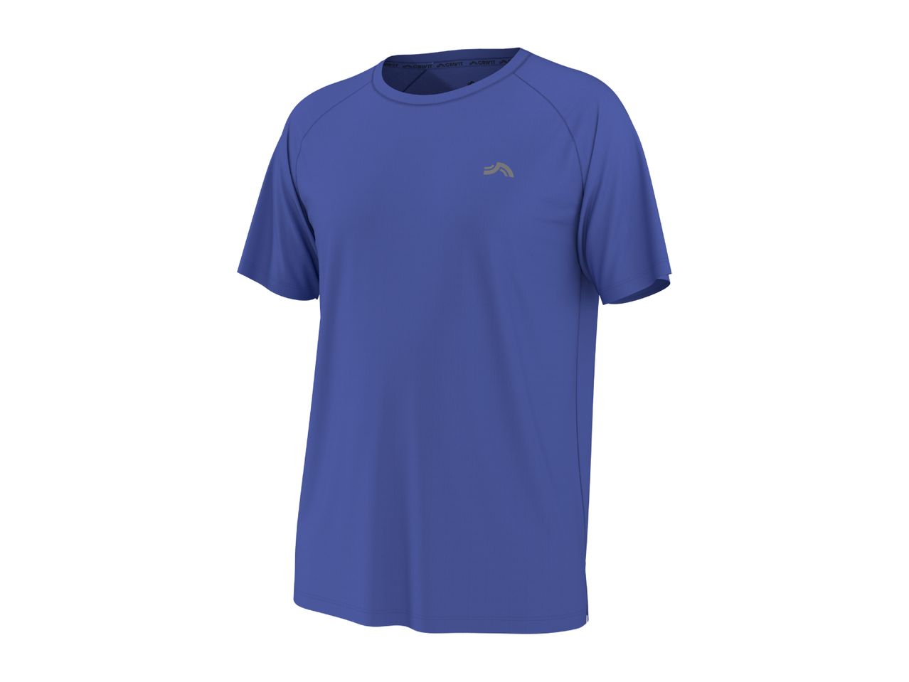 Blue short-sleeved sports t-shirt with a small grey logo on the chest.