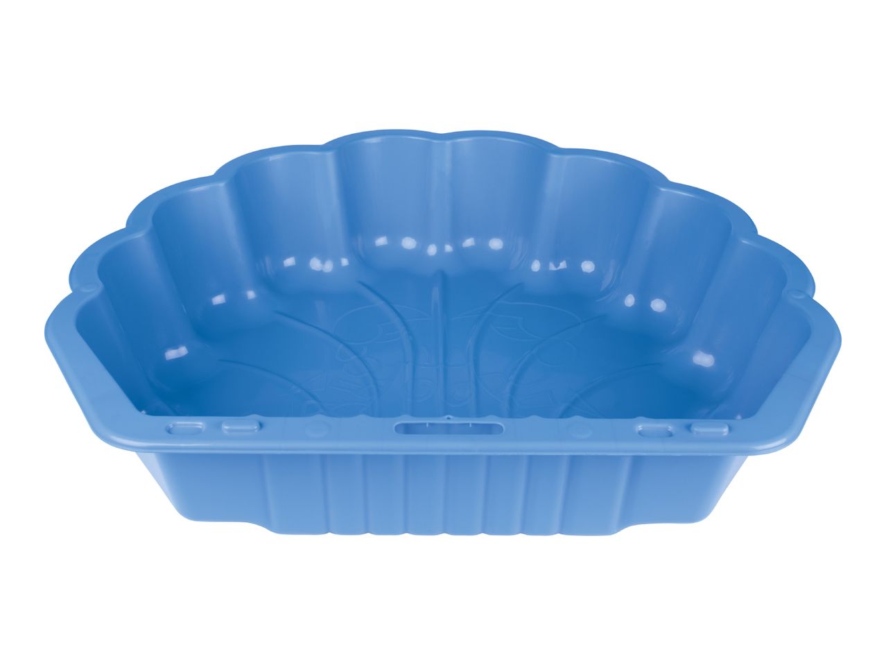 Blue shell-shaped plastic sandbox for children's outdoor play.