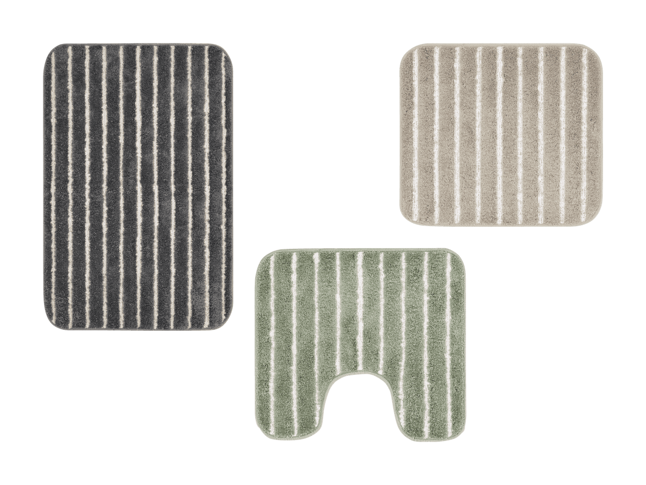 Trois tapis de bain rayés en gris, beige et vert.