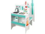 Vaikų medinė žaidimo gydytojo klinika su praustuvu, medicininiais įrankiais ir ūgio matuokliu.
