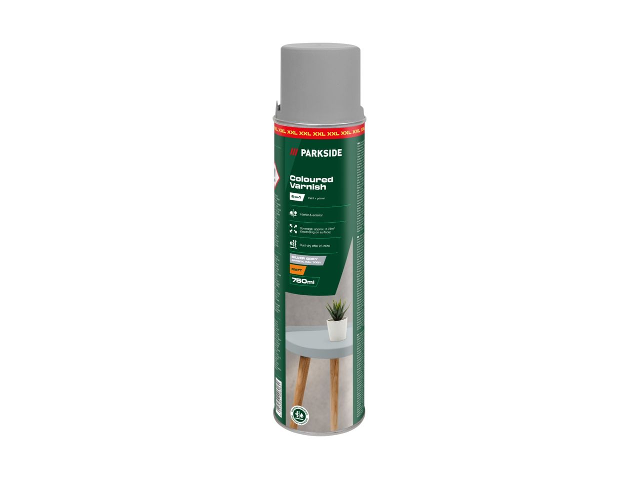 Silver grey coloured varnish spray can, 750ml, matt finish, suitable for interior and exterior use.