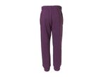 Back view of purple sweatpants with an elastic waistband and ribbed cuffs.
