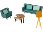 Teal sofa, armchair, nesting tables, and tripod lamp: mid-century modern dollhouse furniture.