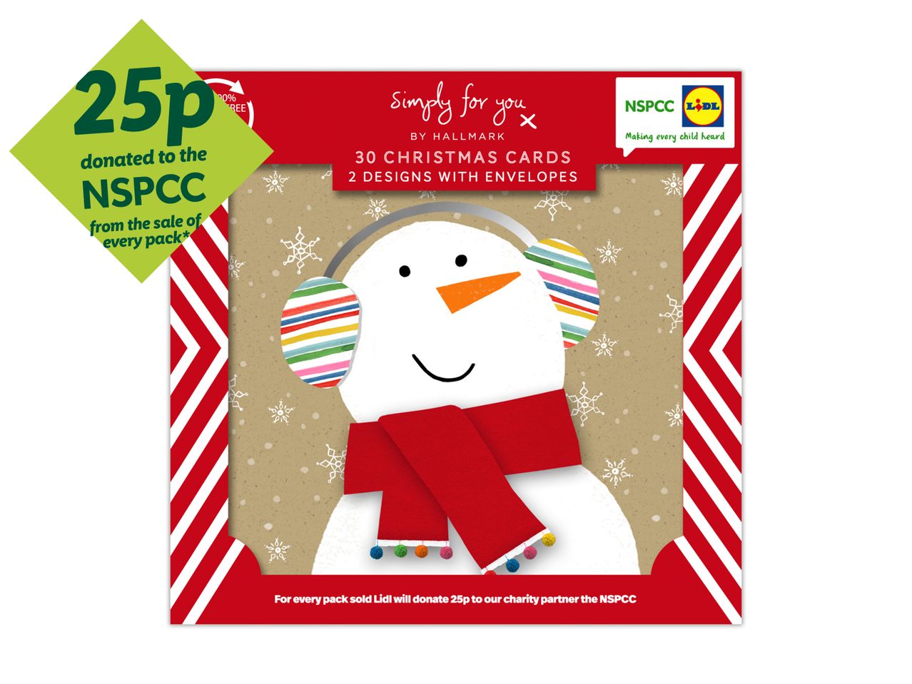 Lidl Christmas cards by Hallmark featuring a snowman, with 25p from each sale donated to NSPCC.