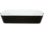 Recipiente retangular de cerâmica preto e branco para assar.