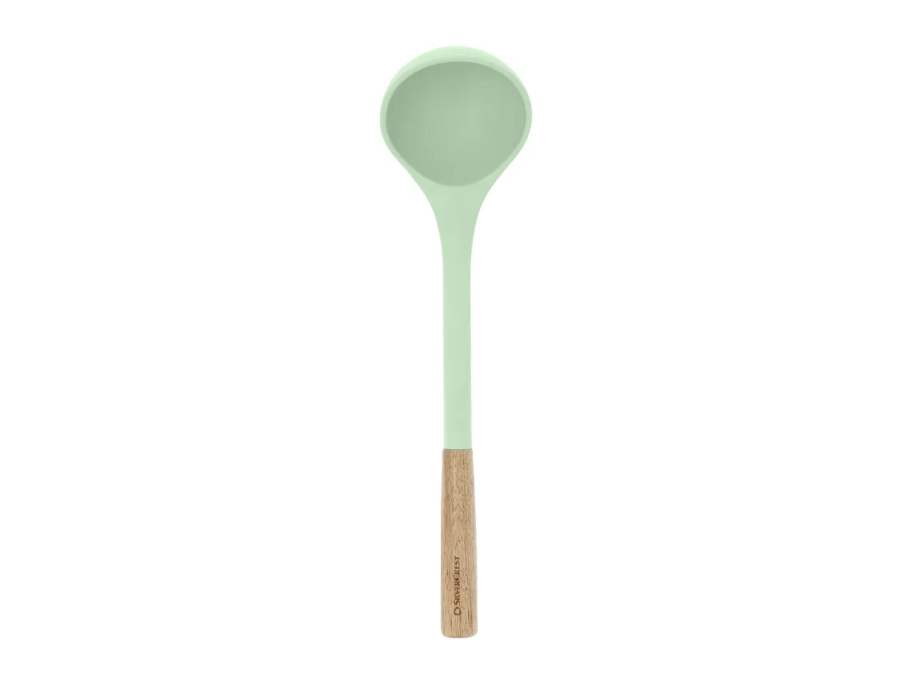 Light green silicone ladle with a wooden handle
