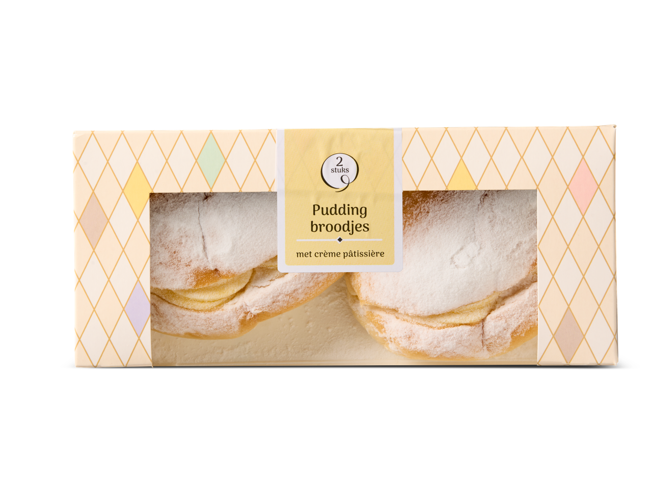 Twee Stuk's Puddingbroodjes in een doos.