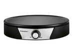 Black electric crepe maker with a silver control knob for temperature adjustment.