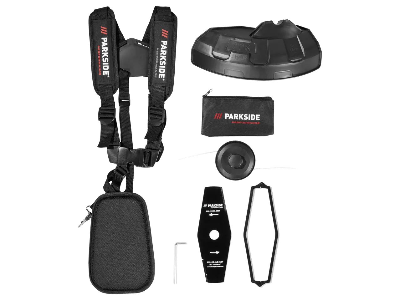 Parkside Performance® 40 V akutoitega võsalõikuri tarvikud: rakmed, kaitse, niit, tera ja mutrivõti.