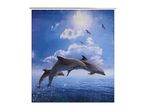 Shower curtain with a vibrant blue ocean and sky scene, featuring jumping dolphins and flying seagulls.