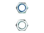 Two hex nuts, one with a blue nylon insert.