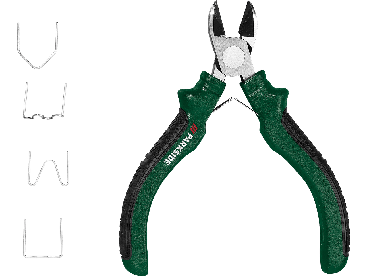 PARKSIDE diagonaallõiketangid roheliste käepidemete ja metallklambritega.