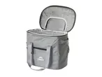 Open grey cooler bag with insulated silver lining and black zipper details.