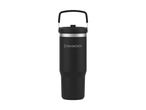 A black SilverCrest travel mug with a handle on a white background.