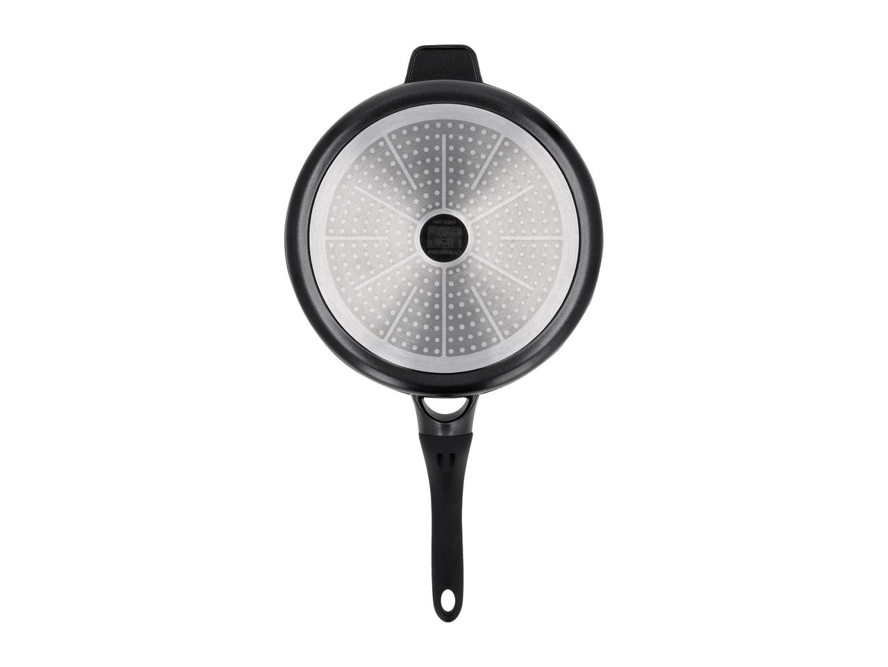 Bottom view of a black frying pan with an induction base
