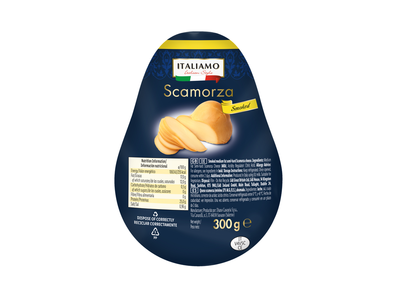 Italiamo Smoked Scamorza cheese, 300g, with nutrition information.