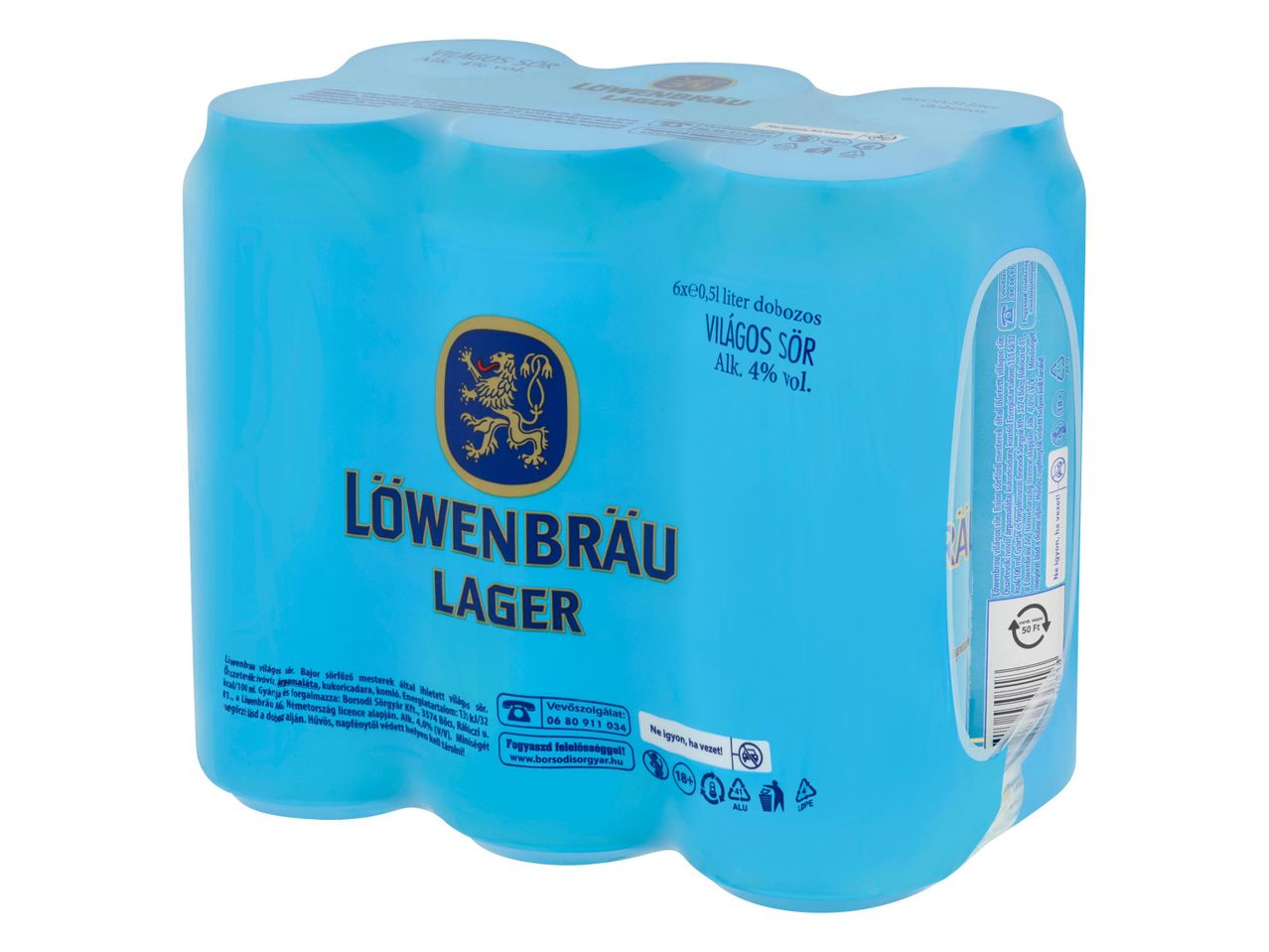 Hat darab Löwenbräu Lager világos sör doboz.