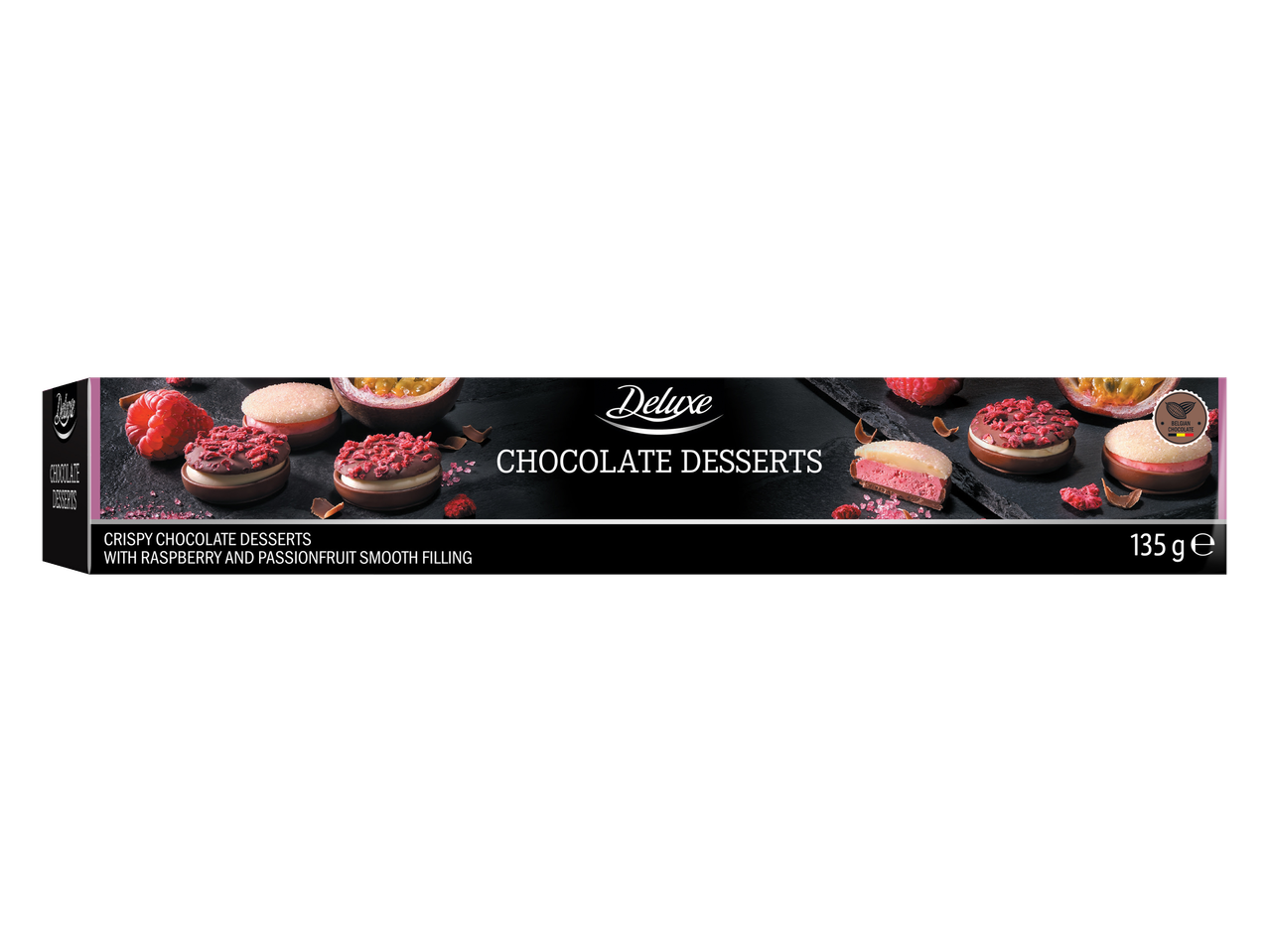 Deluxe traškūs šokoladiniai desertai su aviečių ir pasiflorų įdaru, 135 g.