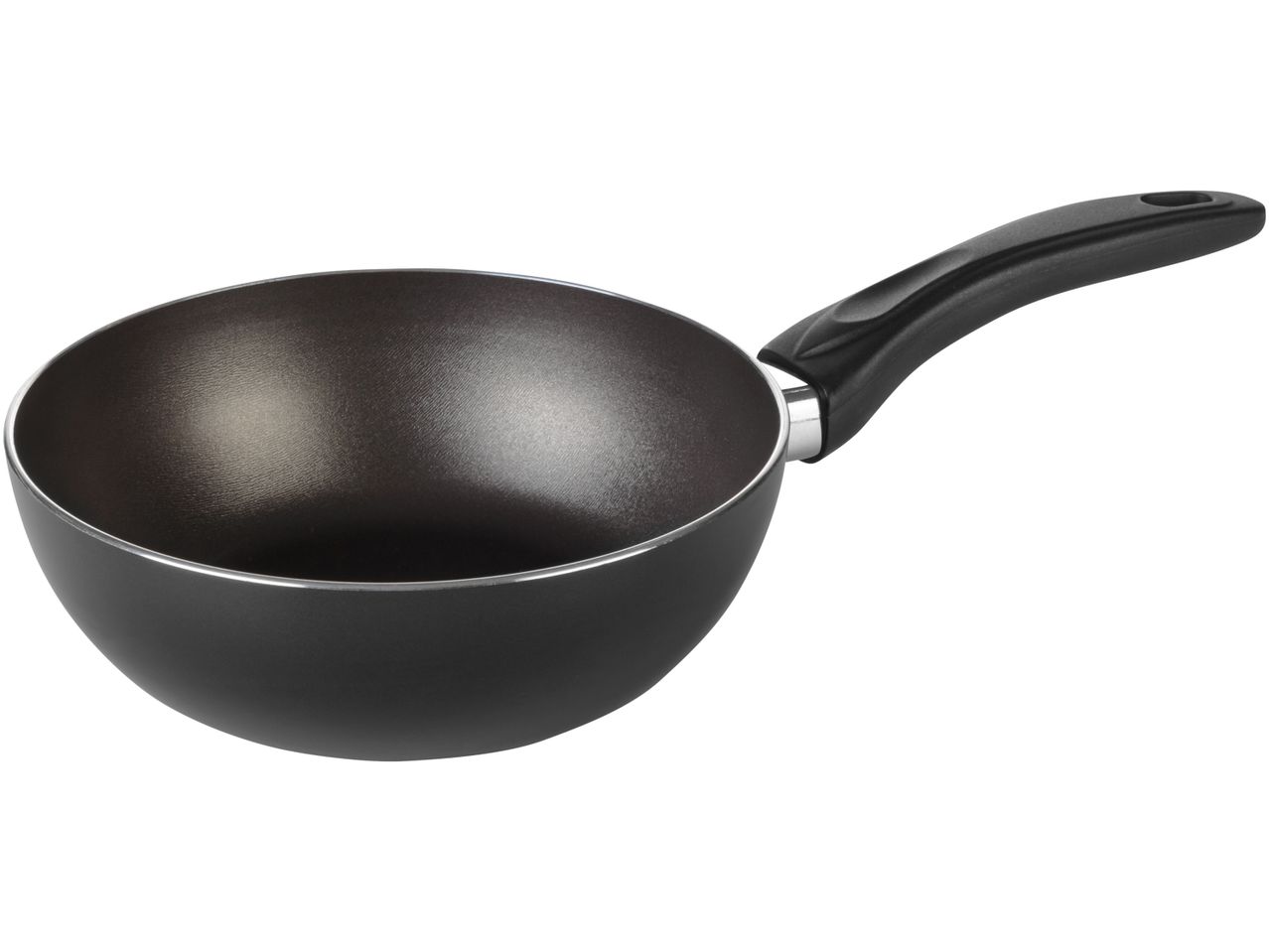 A black non-stick wok with a curved handle.