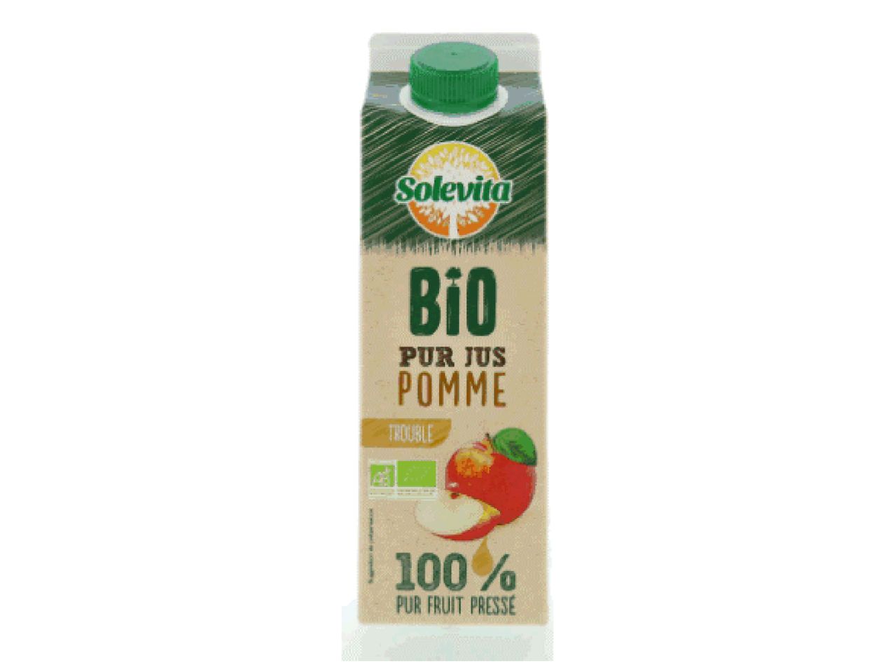 Jus de pomme Solevita Bio, 100% pur jus pressé.
