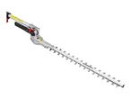 Silver and black pole hedge trimmer with a long blade, angled for use.