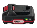 Black and red X 20V TEAM power tool battery with charge indicator.