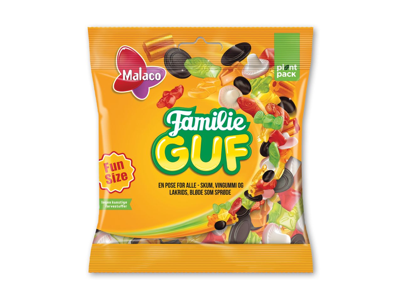 En pose blandet slik med skum, vingummi og lakrids, mærket 'Fun Size' og 'plant pack'.