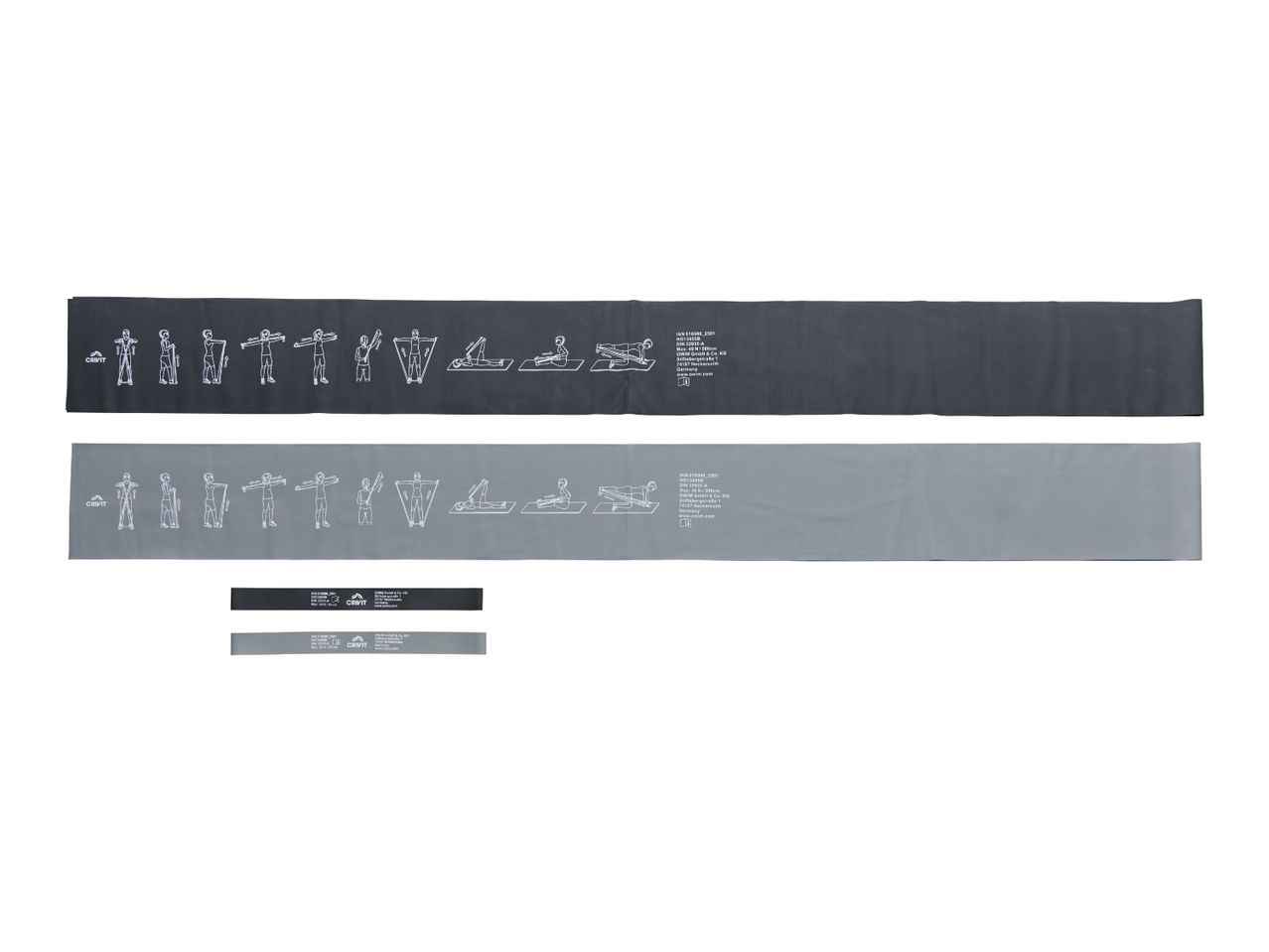 Two resistance bands with exercise illustrations and two smaller resistance bands with product information.