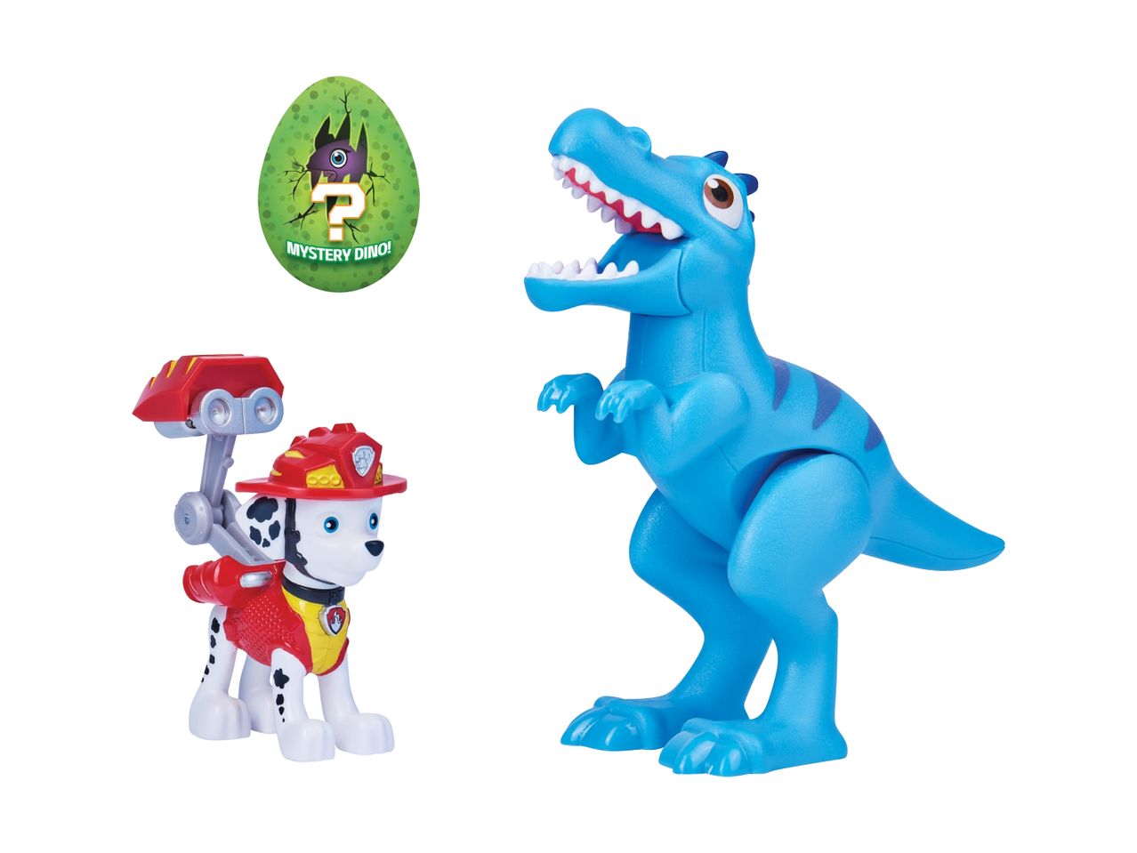 Paw Patrol Marshall and a blue dinosaur toy.