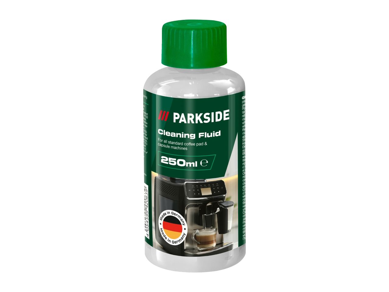 Cleaning fluid for coffee pad and capsule machines, 250ml, made in Germany.