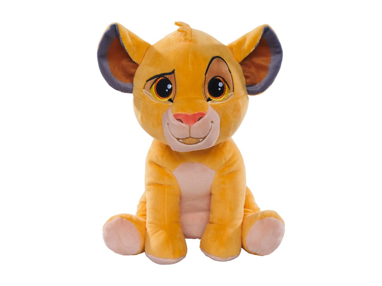 A plush toy of a sitting lion cub with large ears and a friendly expression.