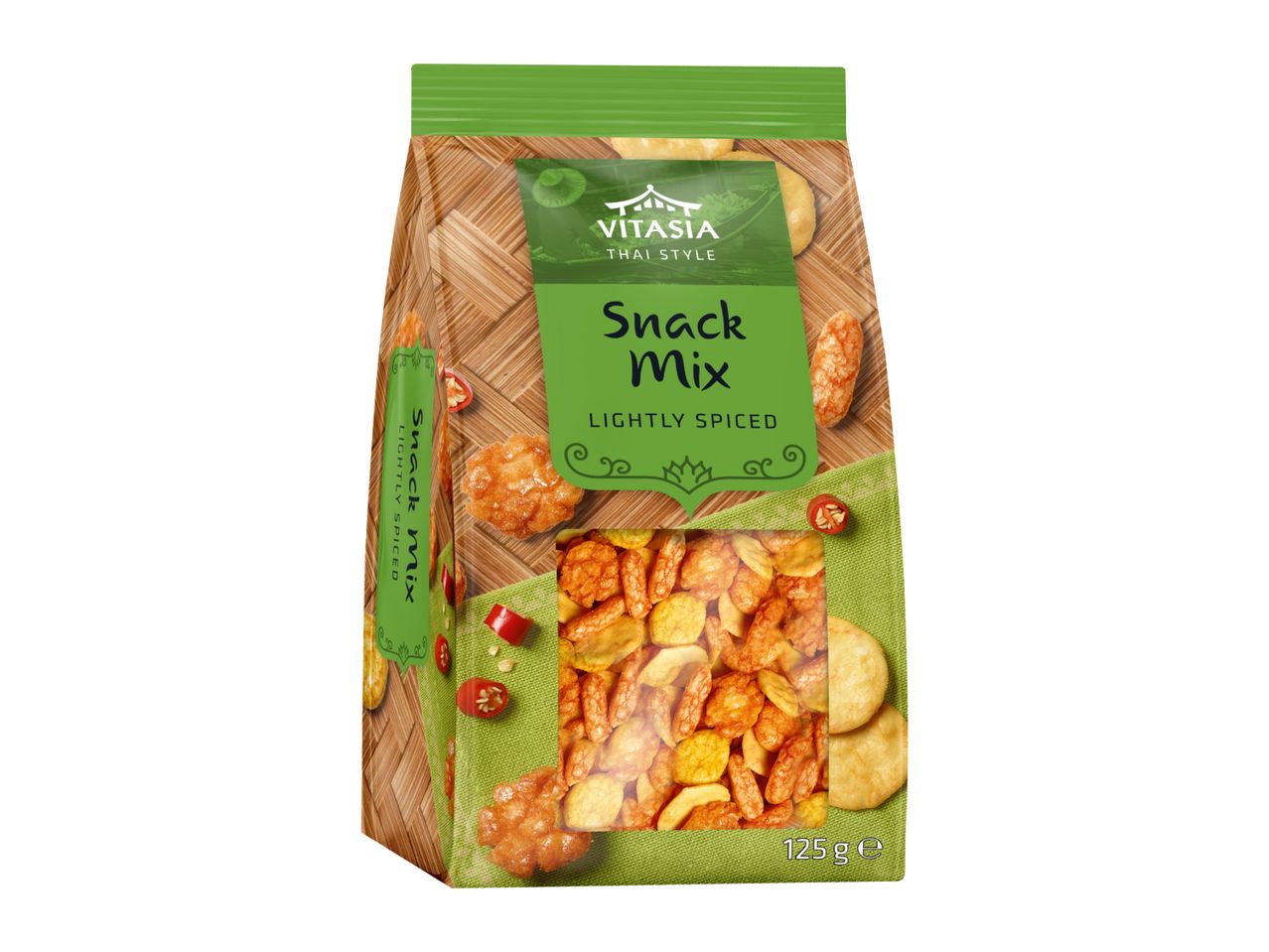Thai-style snack mix, lightly spiced, in a clear bag with a green top and bamboo pattern.