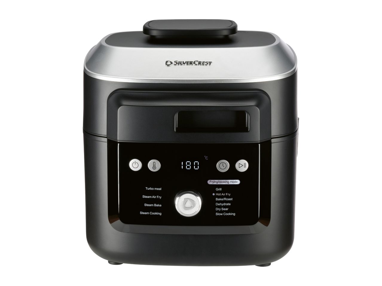 Multi-cooker with digital display showing 180 °C and various cooking modes