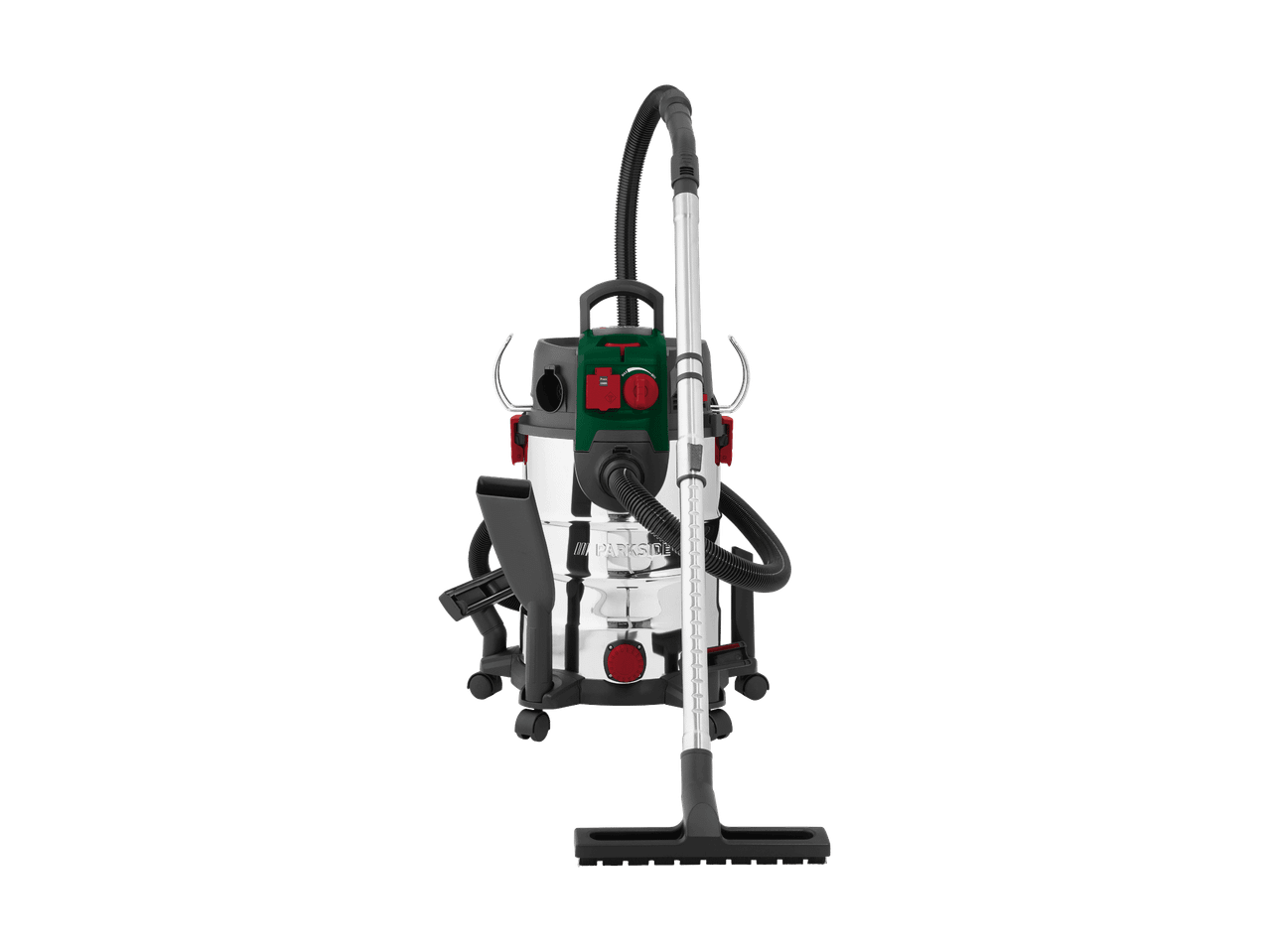 Aspirateur eau et poussière avec réservoir en acier inoxydable, tuyau et brosse de sol
