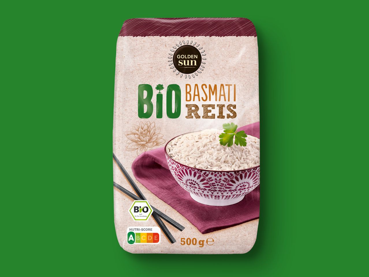 Golden Sun Bio Basmati Reis, 500g Packung.
