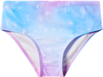 Cuecas de biquíni de menina com estampado de céu estrelado azul e roxo.