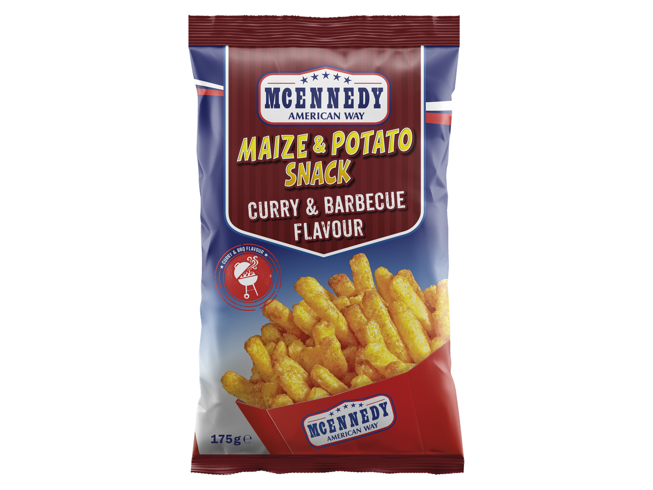 Snacks Mc Nedy:  salgadinhos de milho e batata, sabor curry e barbecue.