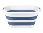 Collapsible plastic laundry basket in white and blue