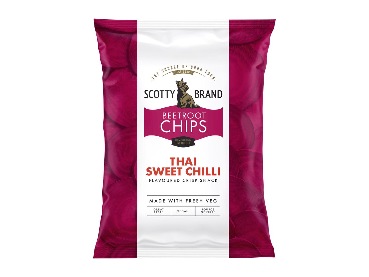 A bag of Scotty Brand Beetroot Chips, Thai Sweet Chilli flavored crisp snack.