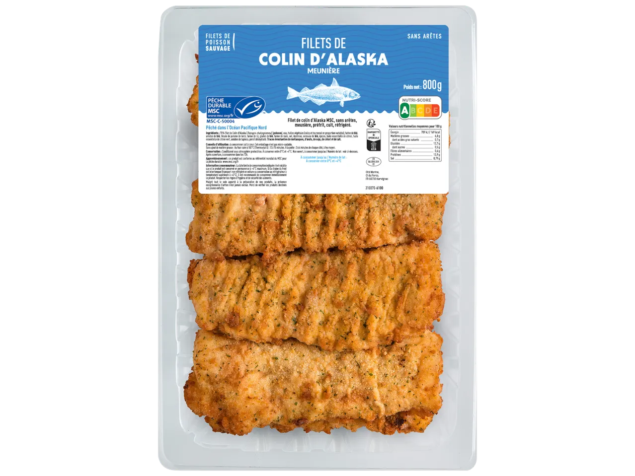 Filets de colin d'Alaska meunière, préfrits, cuits, réfrigérés, avec Nutri-Score A et poids net 800g.