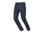 Jeans da lavoro blu scuro con tasche cargo e cuciture a contrasto.