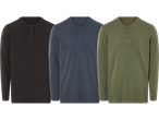 Tre långärmade henleys i olika färger: svart, marinblå och olivgrön.
