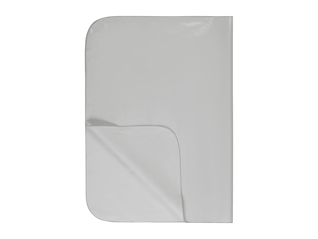 Light grey folded blanket or throw with rounded corners.