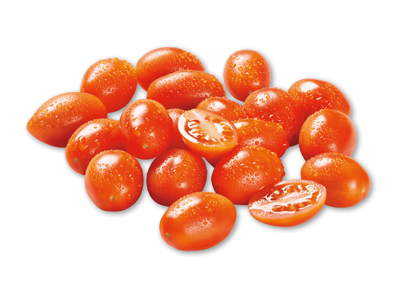 En bunke friske, vanddækkede cherrytomater, hvoraf nogle er skåret over.