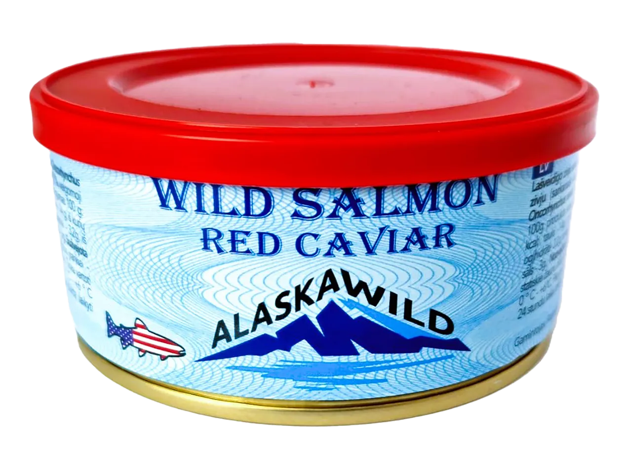 Alaska Wild lašišos raudonųjų ikrų skardinė su raudonu dangteliu.