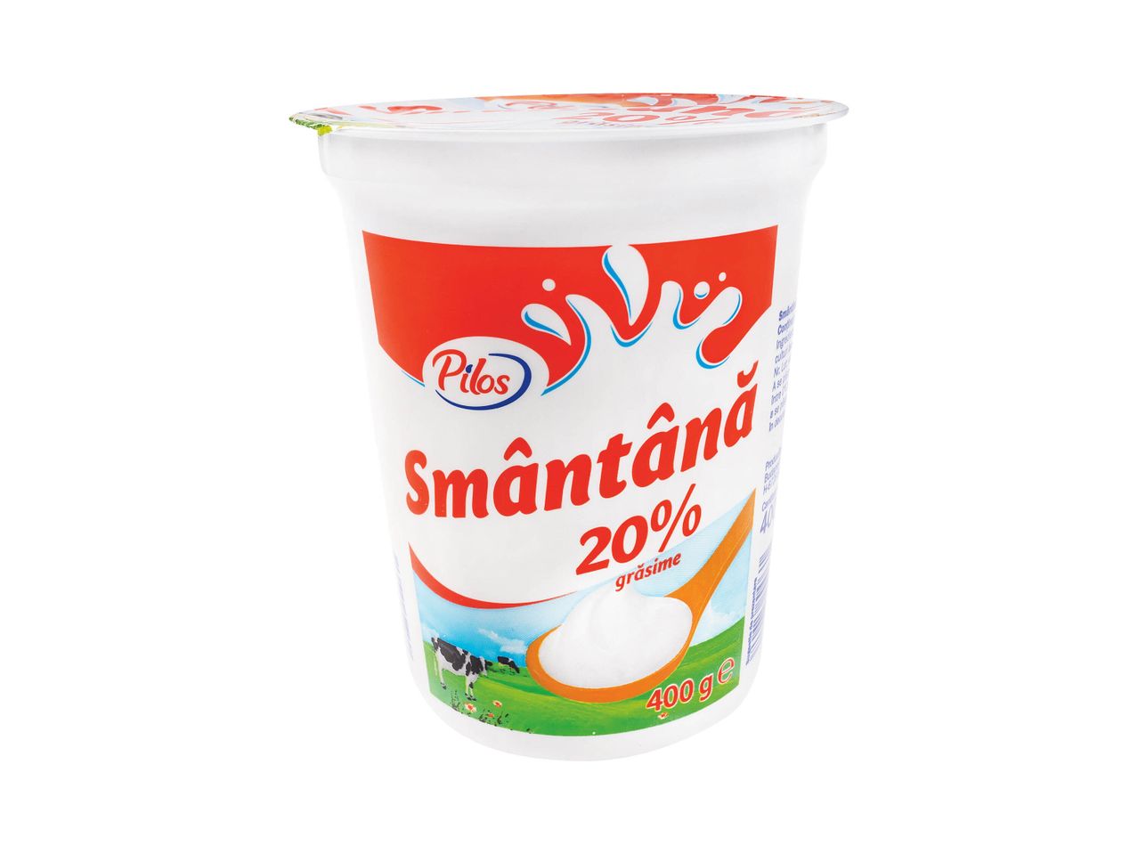 Smântână Pilos 20% grăsime într-un pahar de plastic.