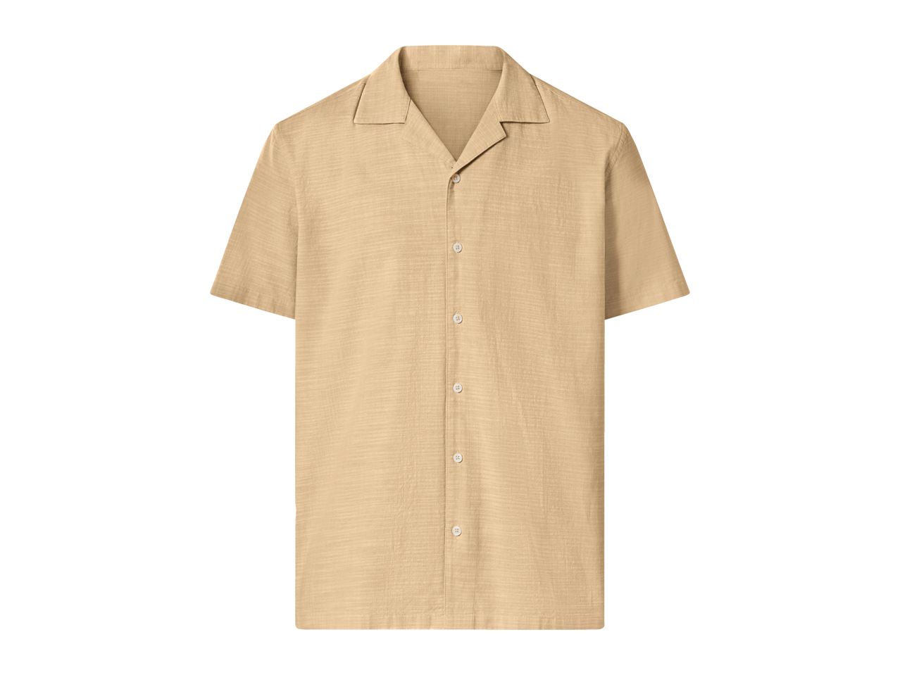 Men's short-sleeved collared shirt in a light beige color with a textured fabric.